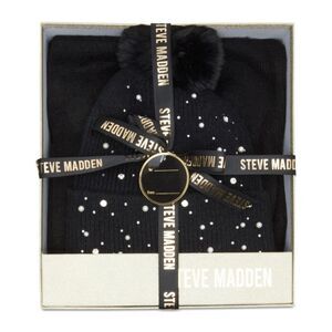 Steve Madden Women’s Embellished Beanie & Scarf Gift Set — Black — New in Box